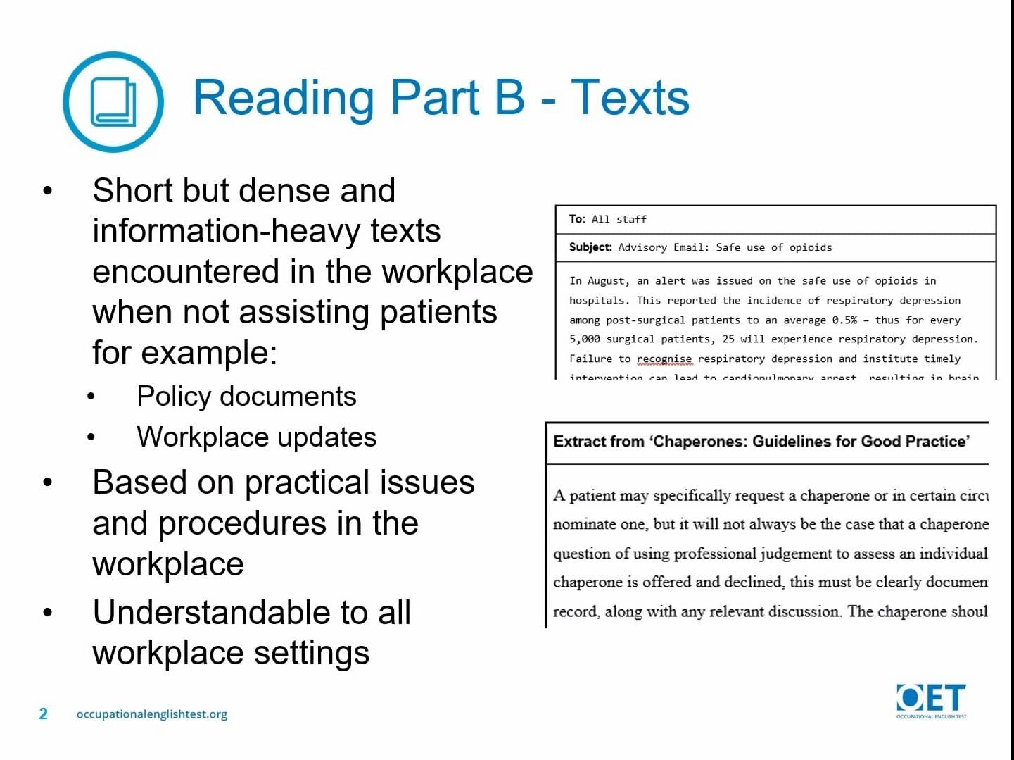 A text document discussing reading part B with dense information-heavy texts.
