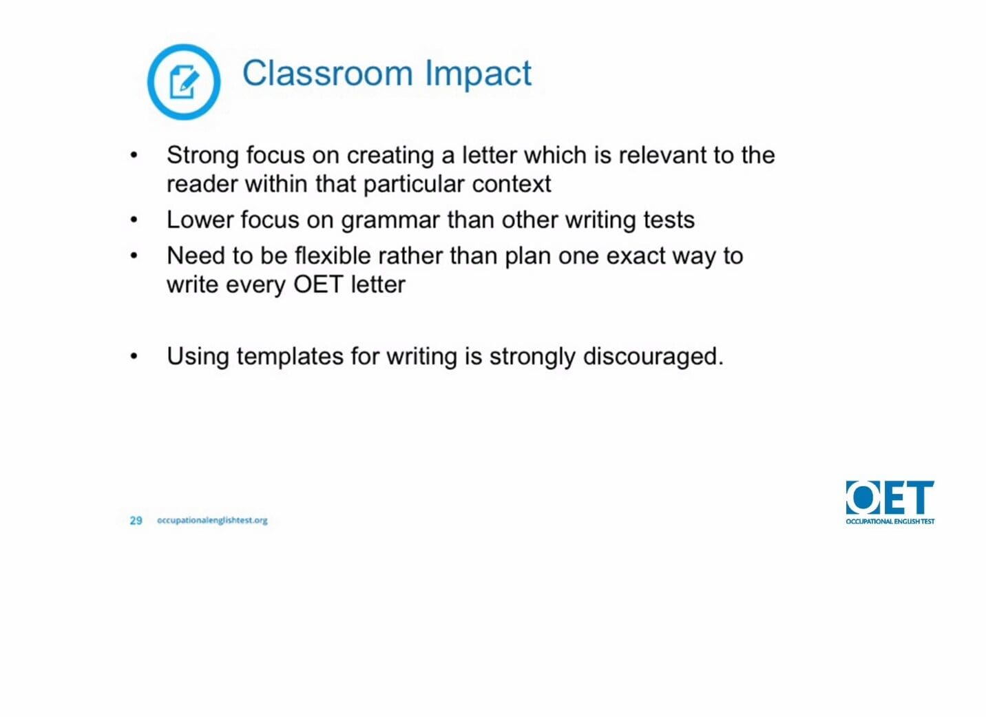 Slide on effective writing strategies for strong impact in classroom settings.