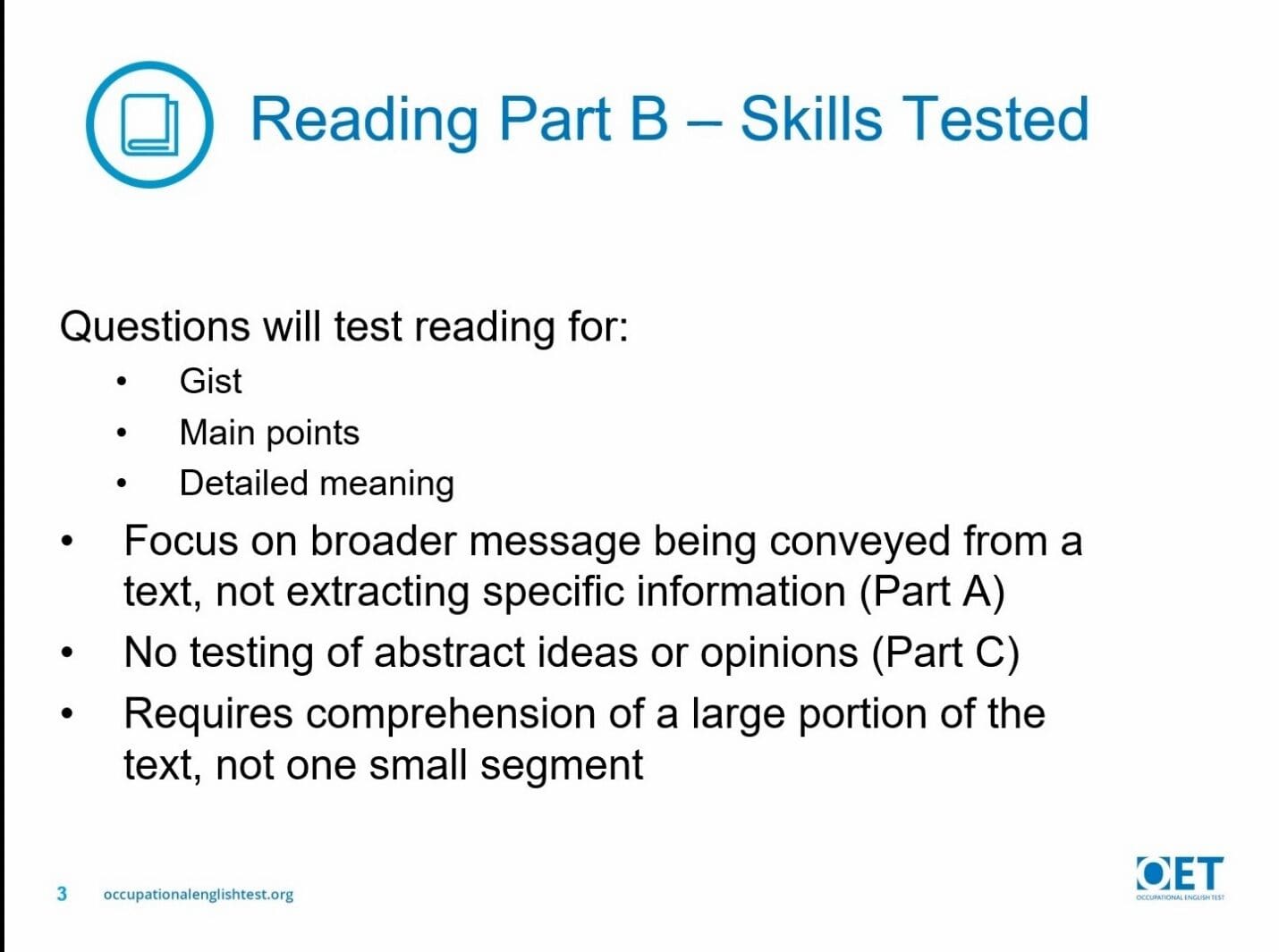 A slide outlining Reading Part B skills tested, focusing on gist and main points.