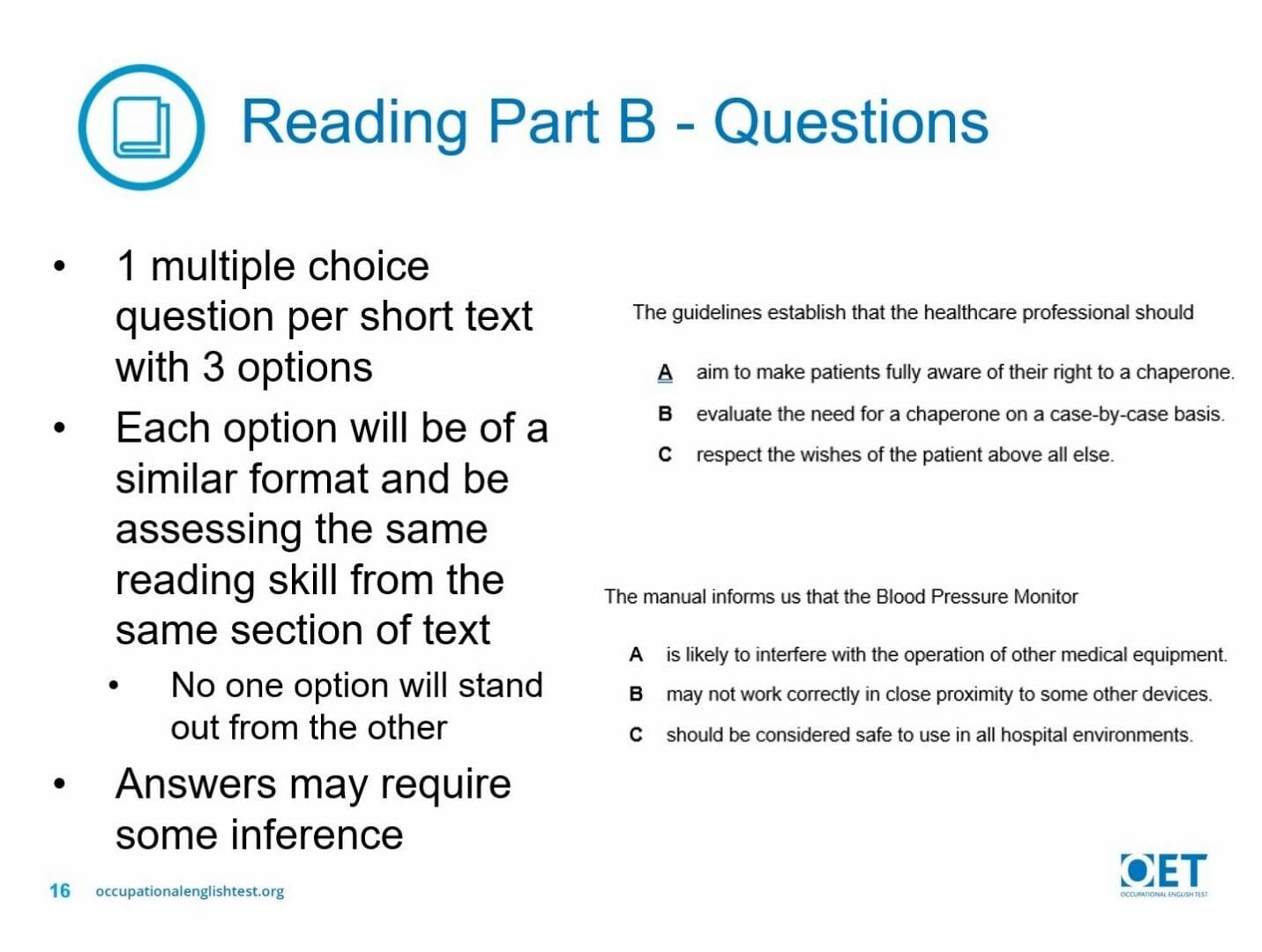 Instructions for Reading Part B - multiple choice with short texts.