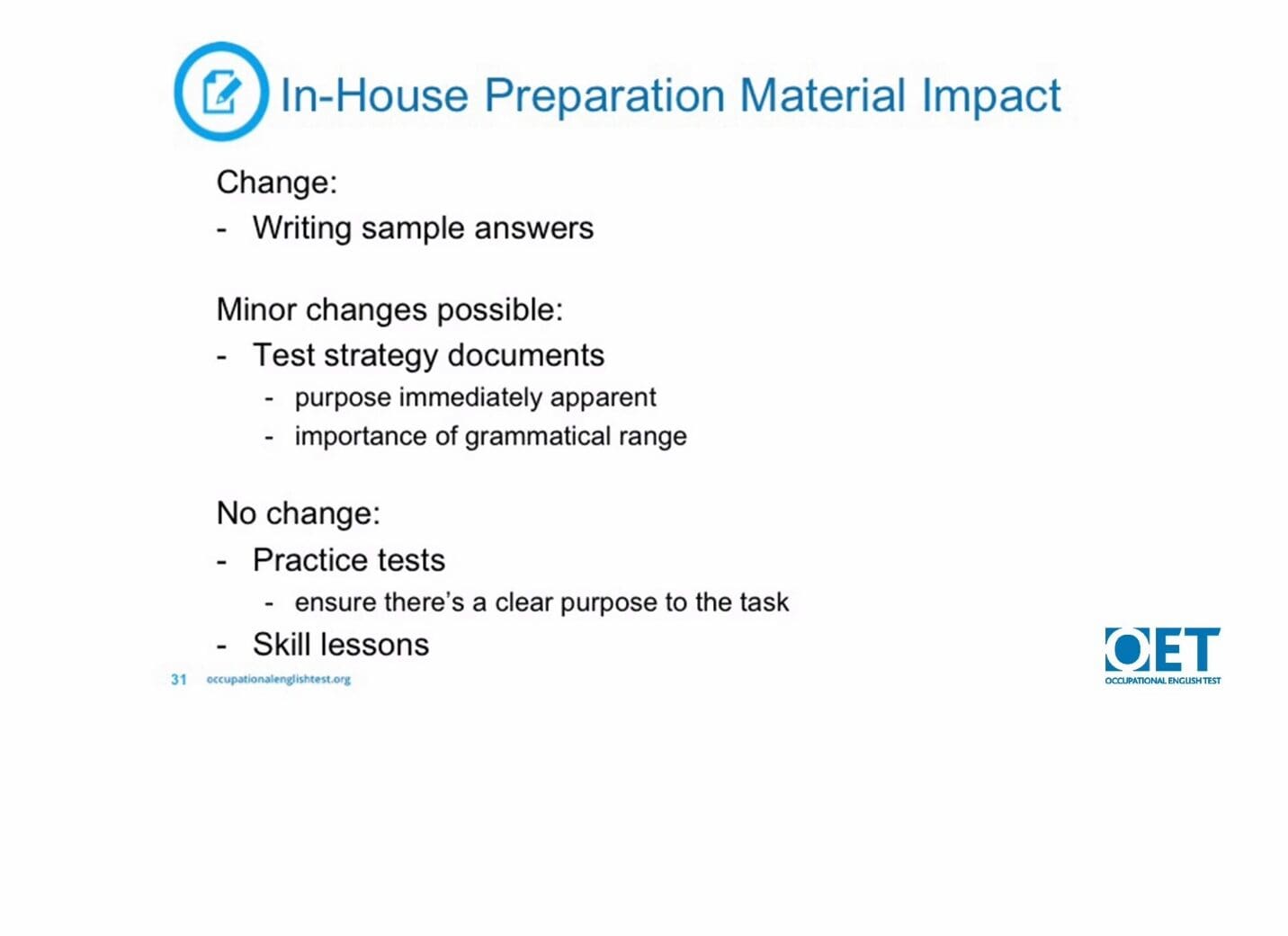 Summary of changes and constants in in-house preparation material impact.