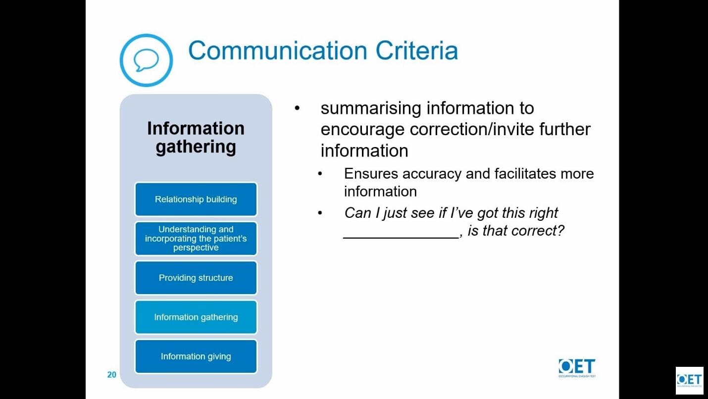 Slide showing communication criteria focused on summarising information.