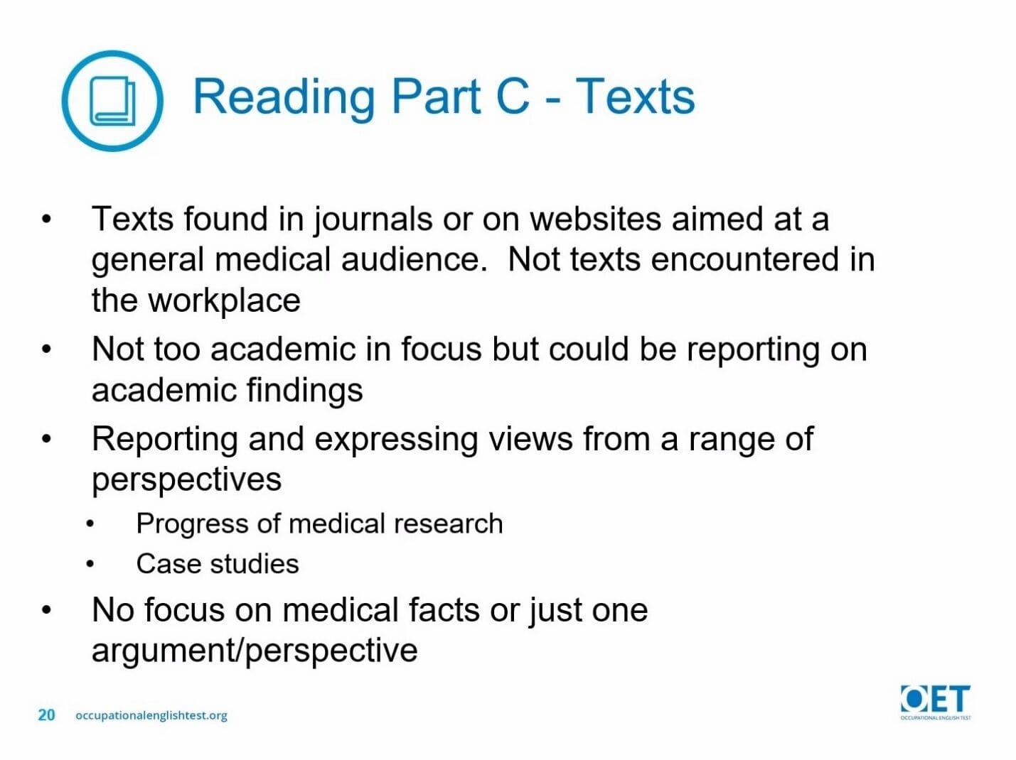 A slide explaining the purpose of Reading Part C texts in academic contexts.