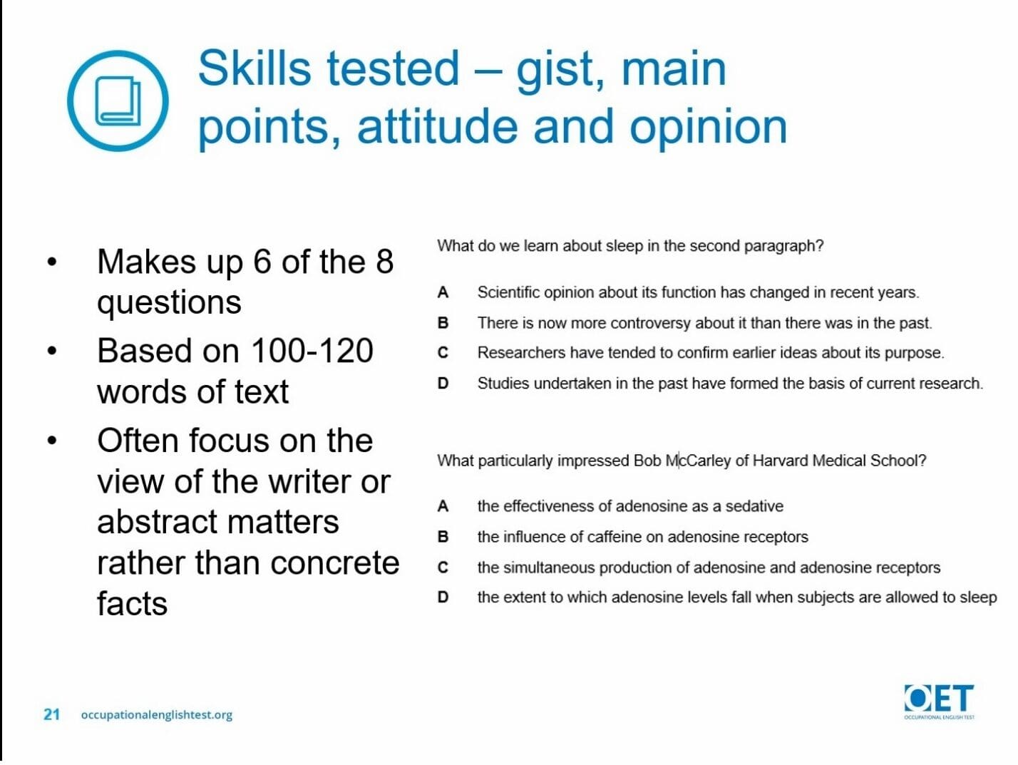Infographic on skills tested in reading comprehension passages and question types.
