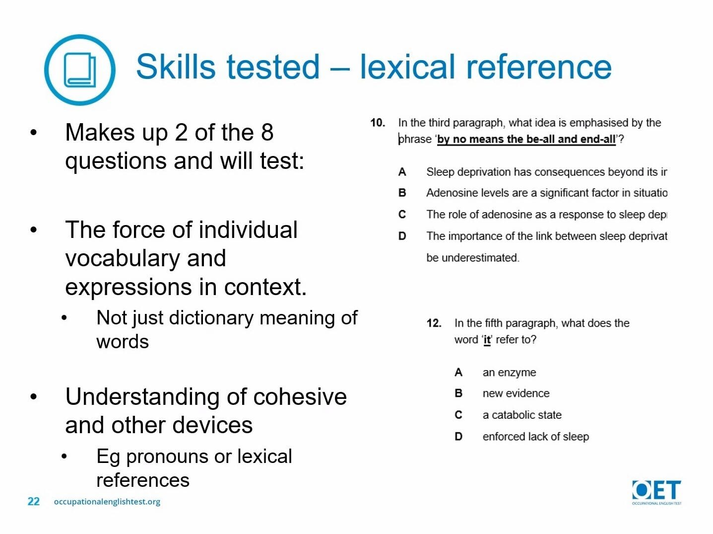 A slide listing skills tested in a lexical reference test with multiple-choice questions.