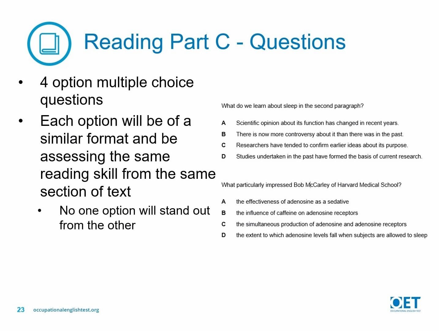 Reading Part C question instructions emphasizing multiple choice and uniform text length.