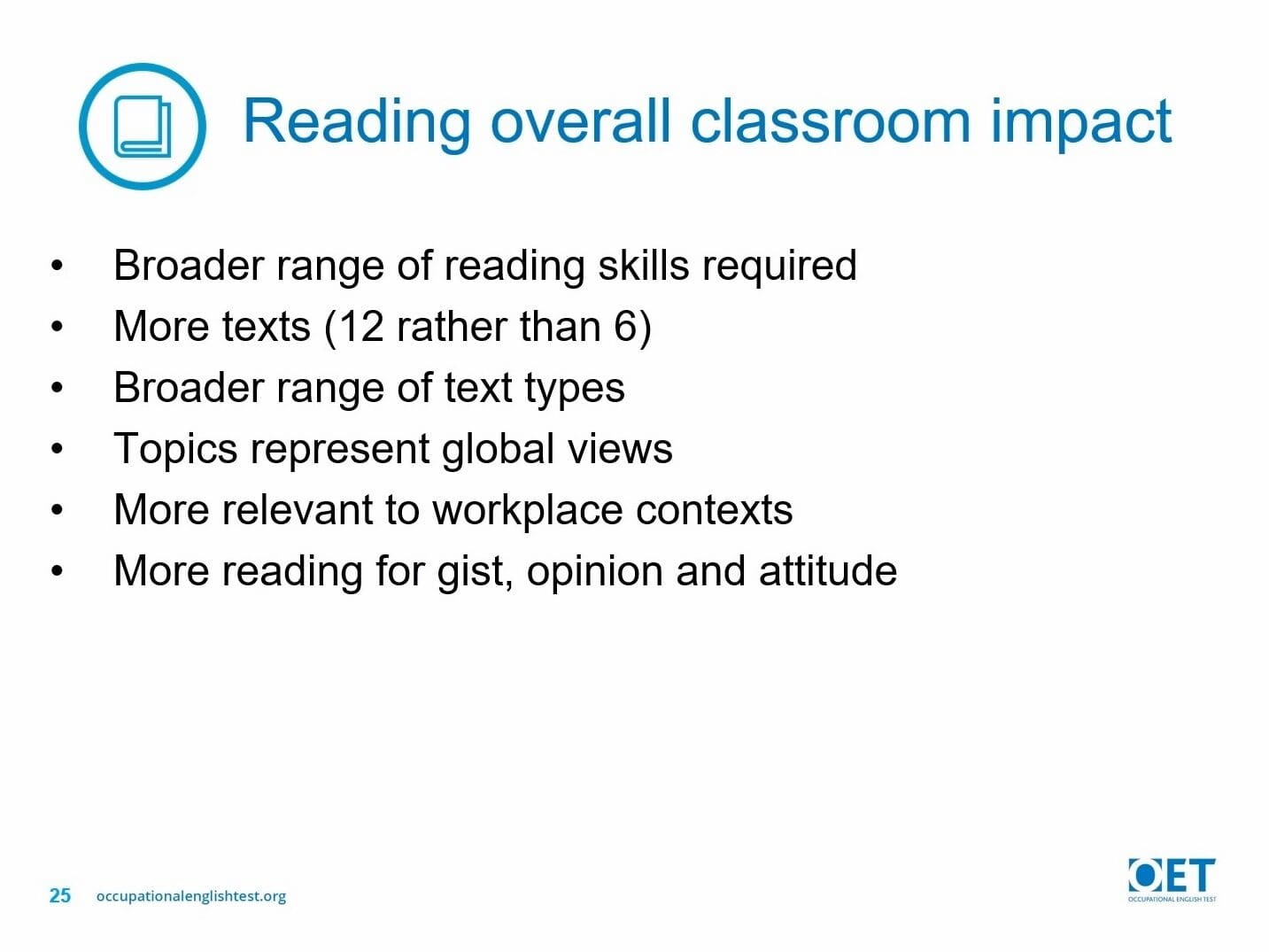Presentation slide outlining reading skills and text types for classroom impact.