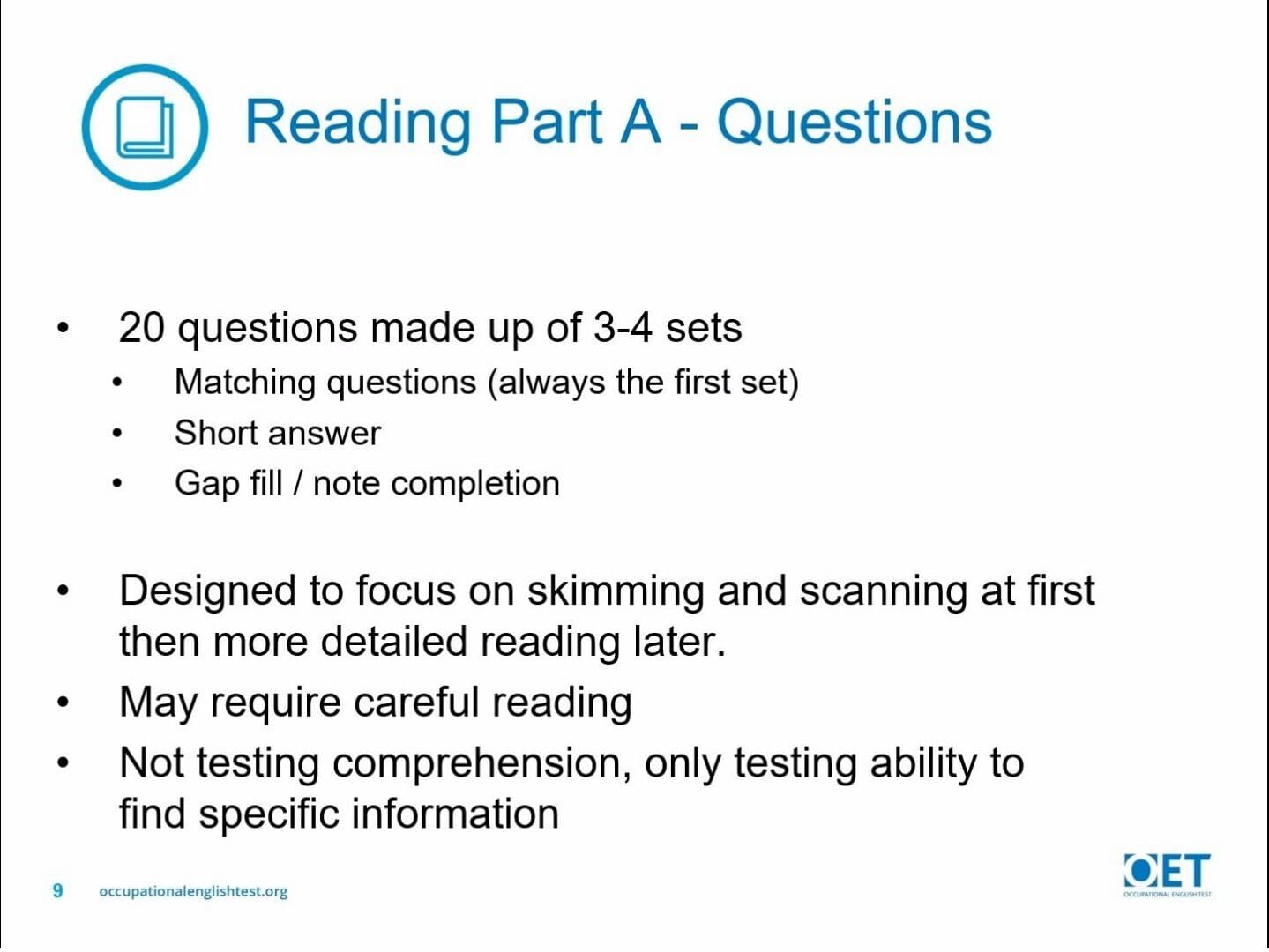 Slide explaining Reading Part A questions and matching questions format.