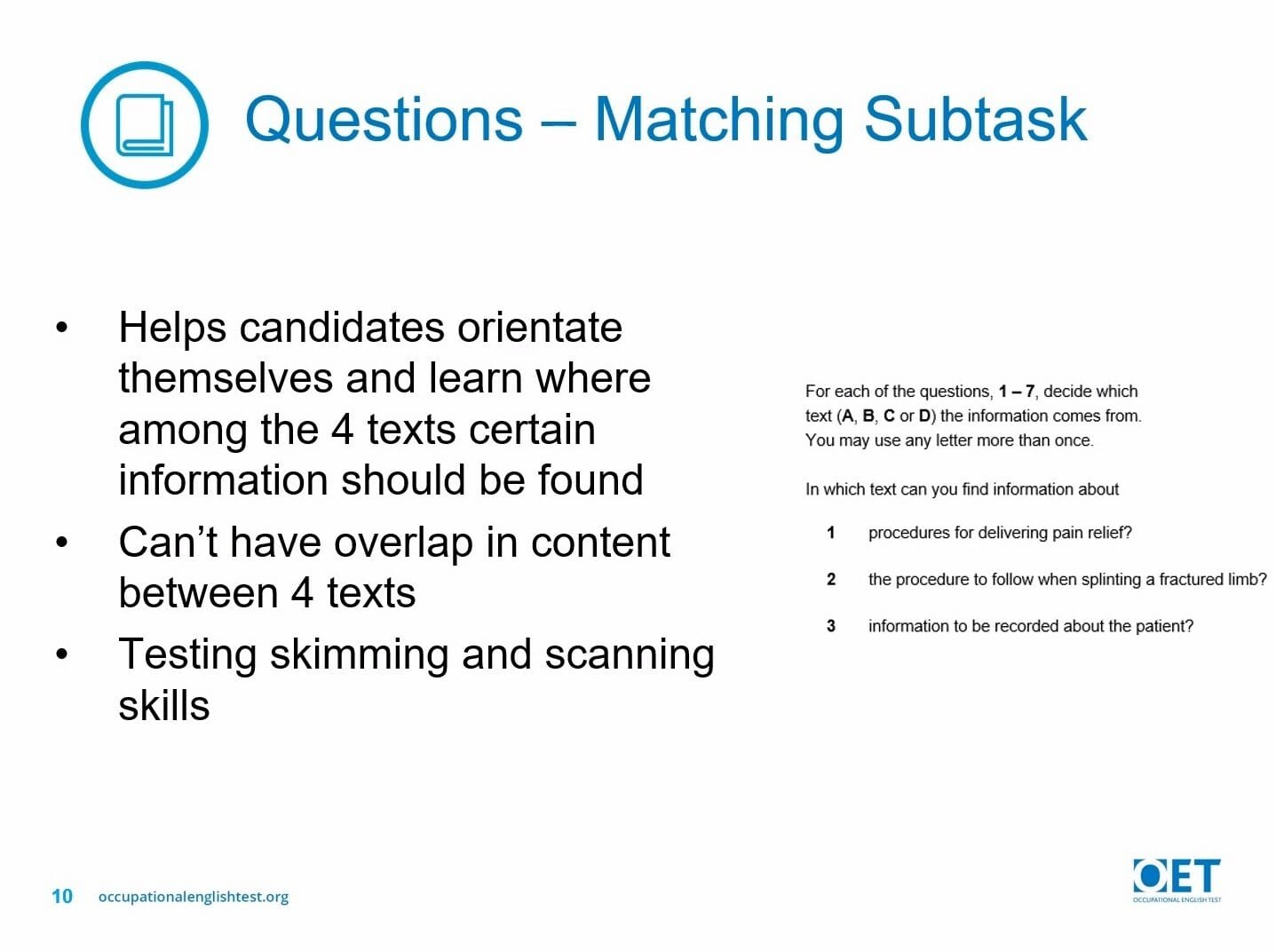 Diagram illustrating the Matching Subtask in a test with 4 texts and questions.