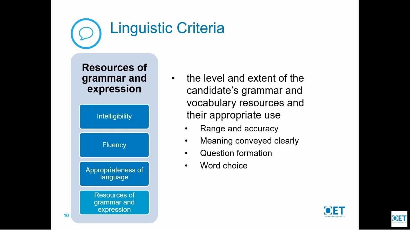 Slide detailing linguistic criteria for grammar and vocabulary assessment.