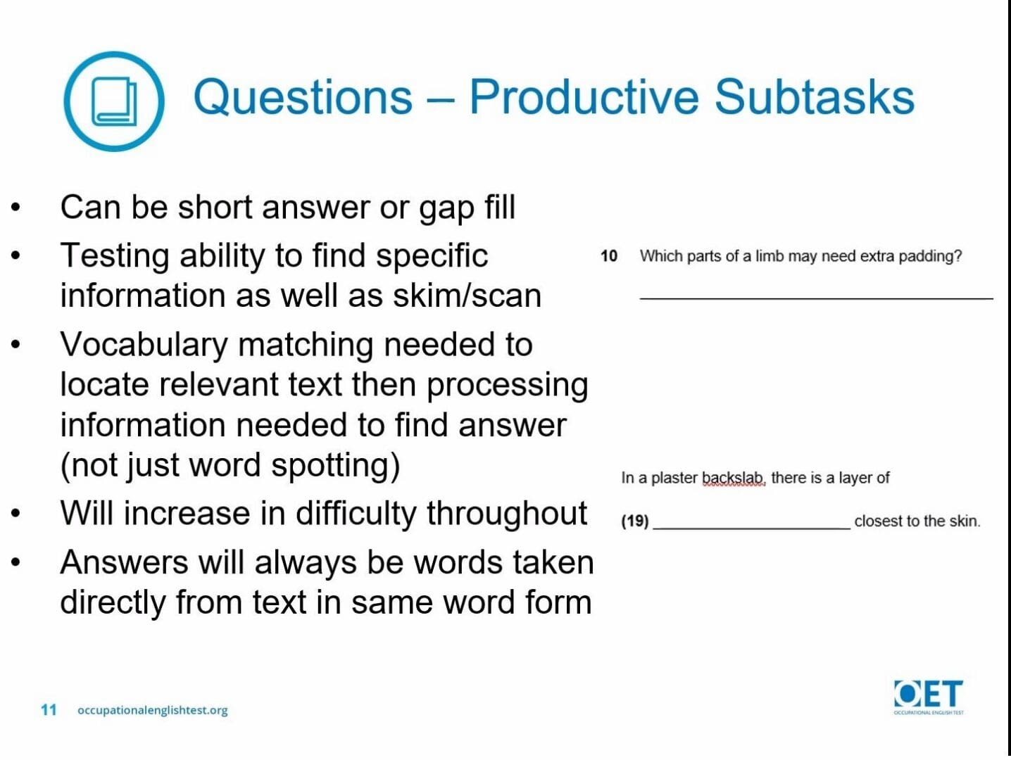 Slide explaining productive subtask questions for short answers or gap fills.