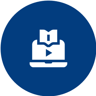 Laptop with play button and book icon.