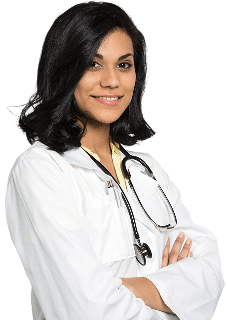 Smiling doctor with stethoscope, black background.