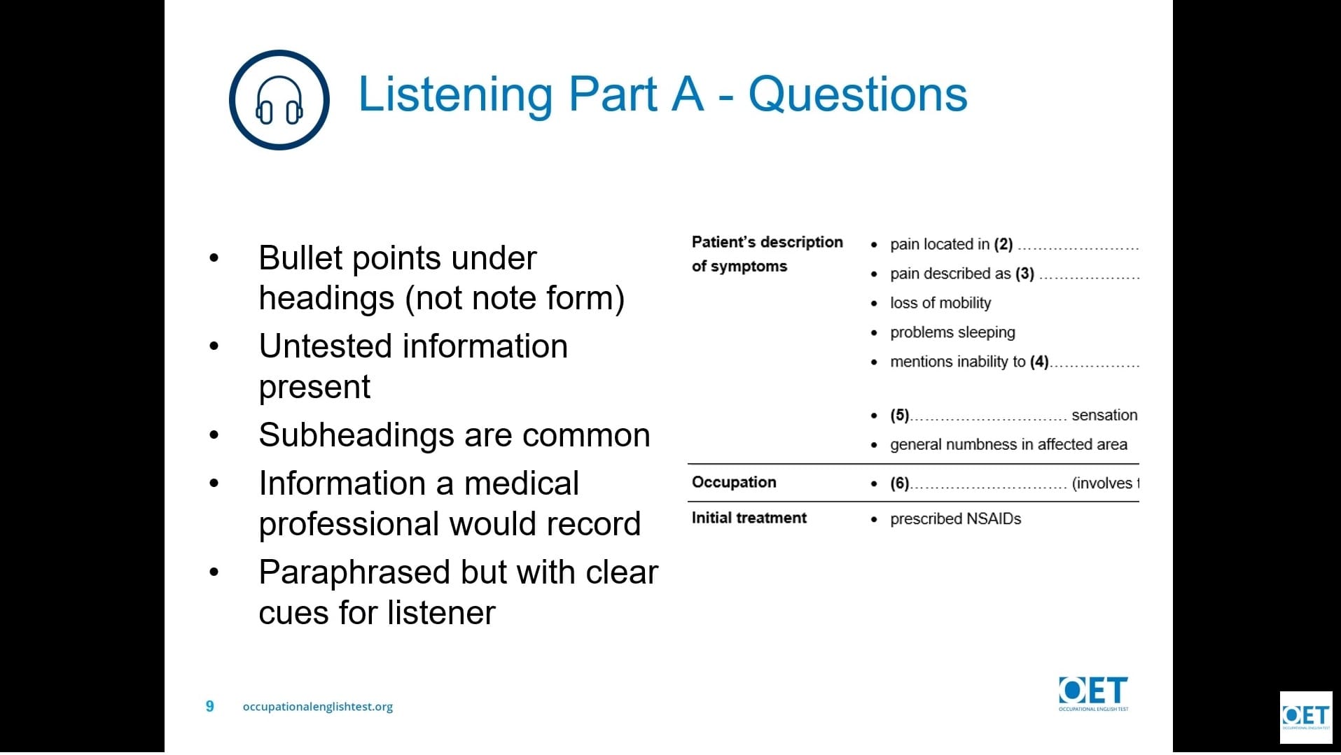 Slide outlining guidelines for listing bullet points under headings with clear phrasing.