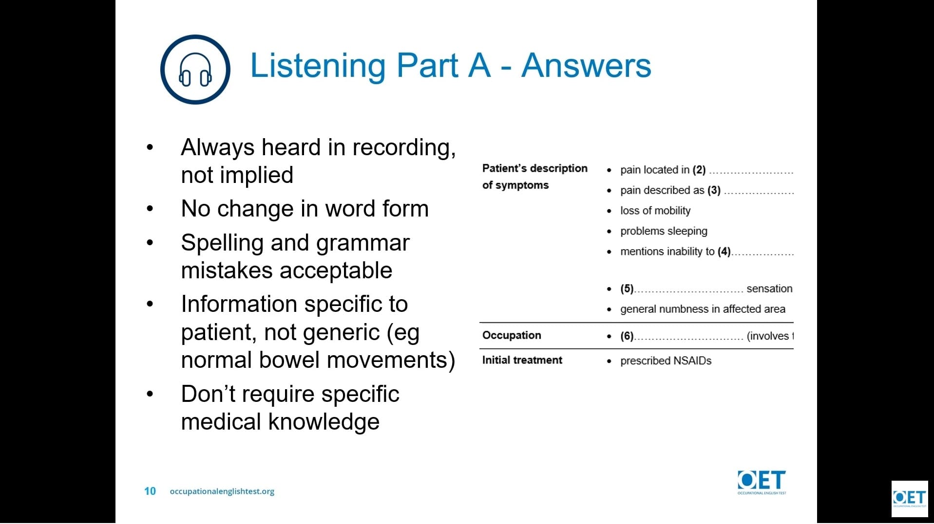 A study guide slide on Listening Part A answers and strategies.