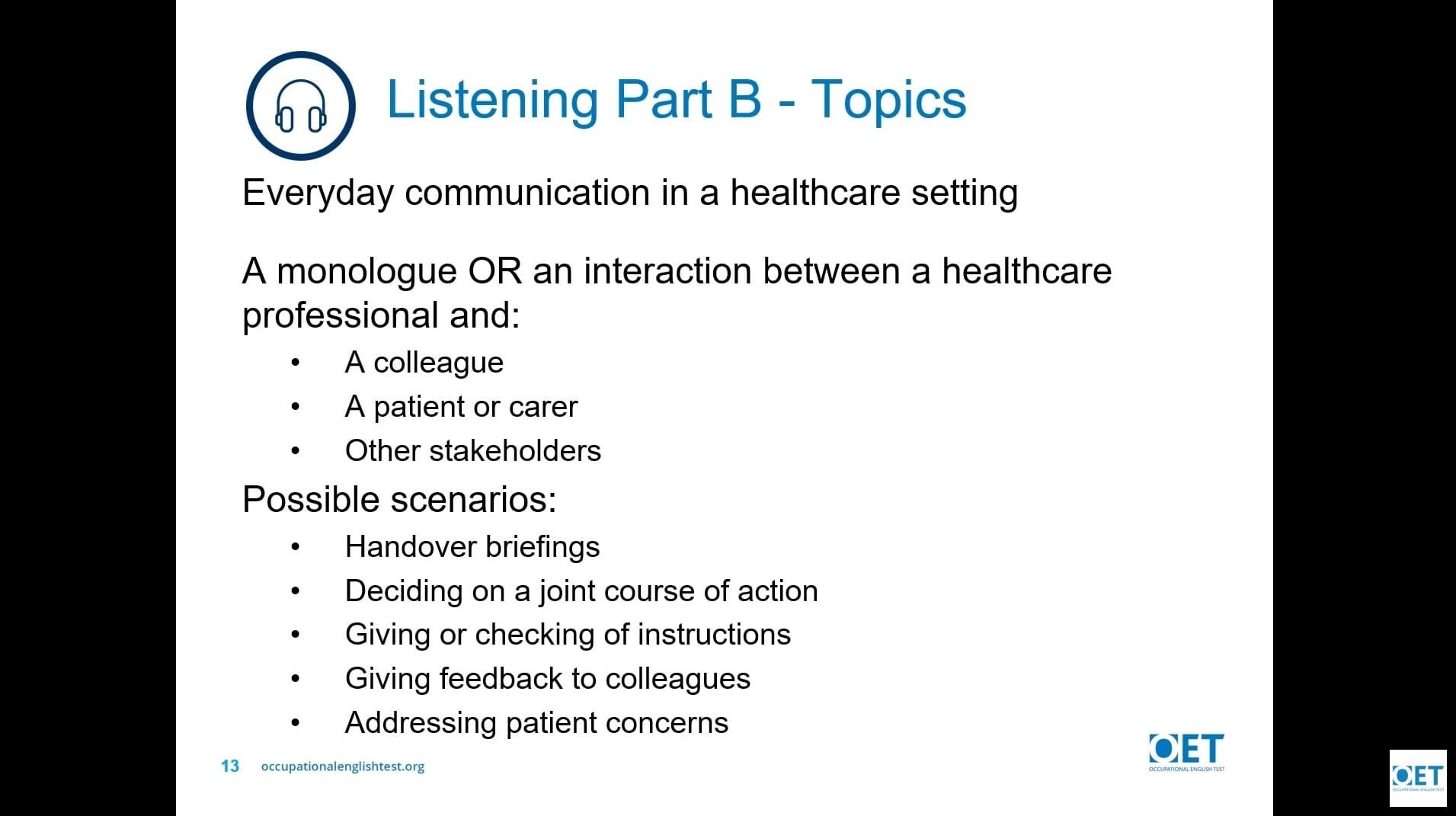 List of topics for everyday communication in healthcare settings.