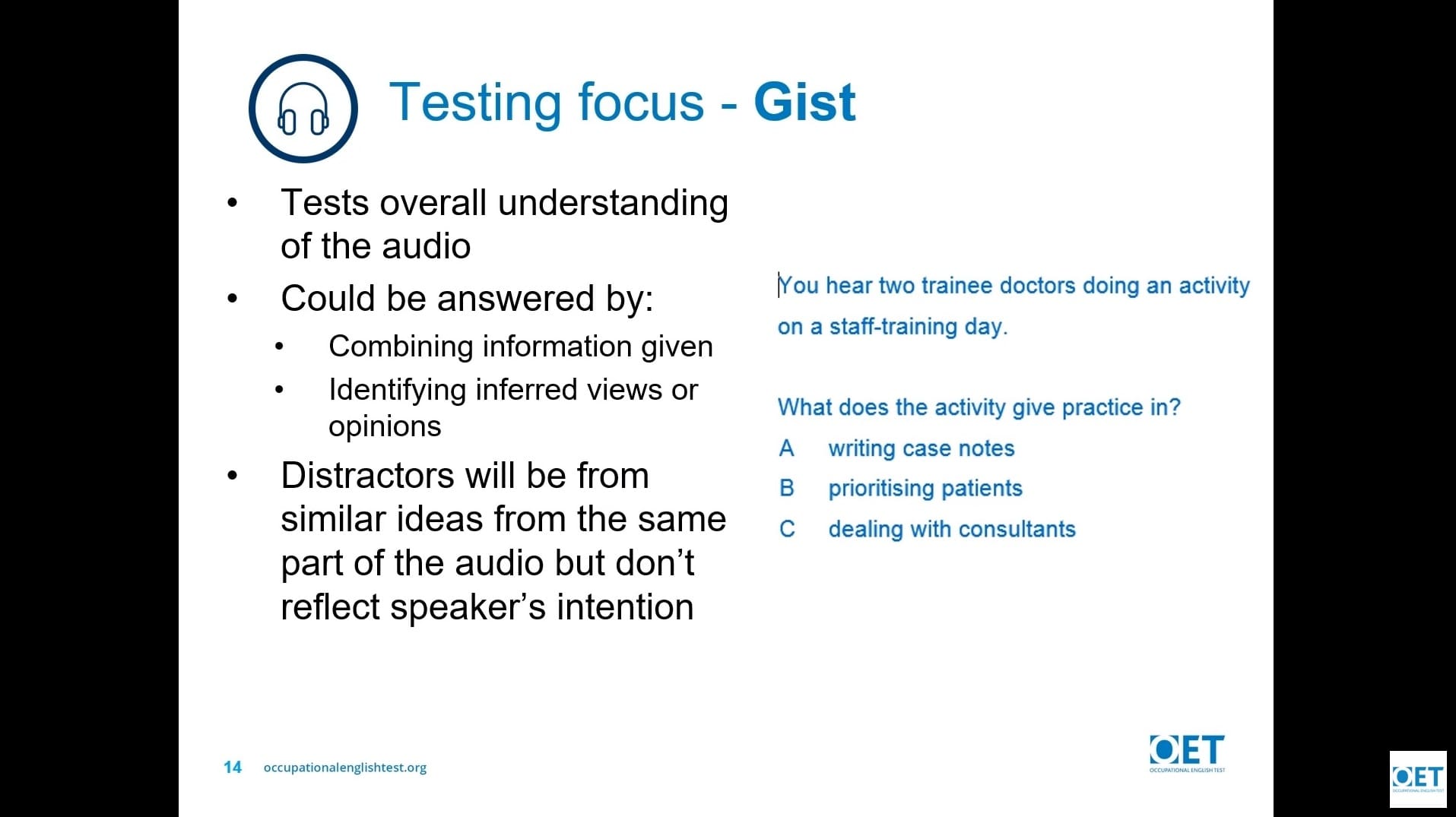 A slide explaining testing focus with examples and questions to guide understanding.