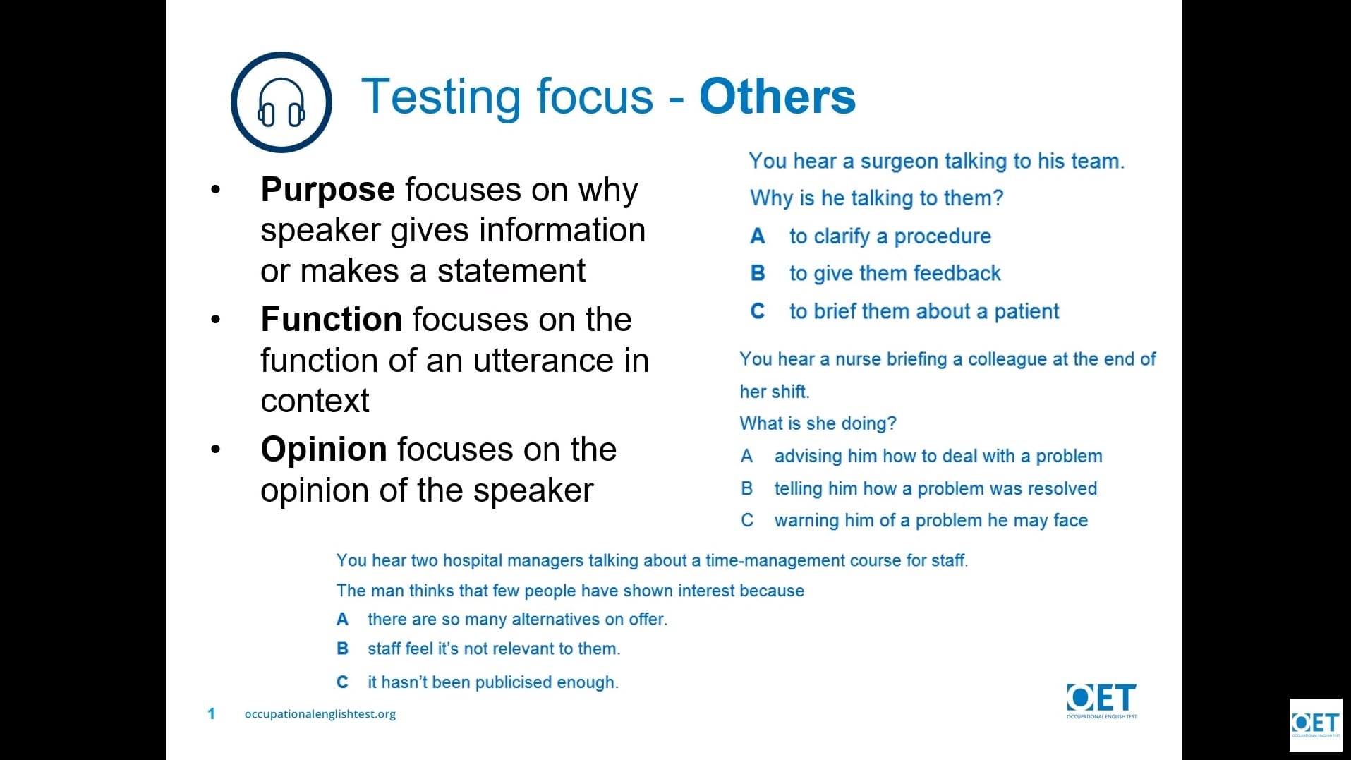 Diagram explaining the difference between purpose and opinion in testing focus.
