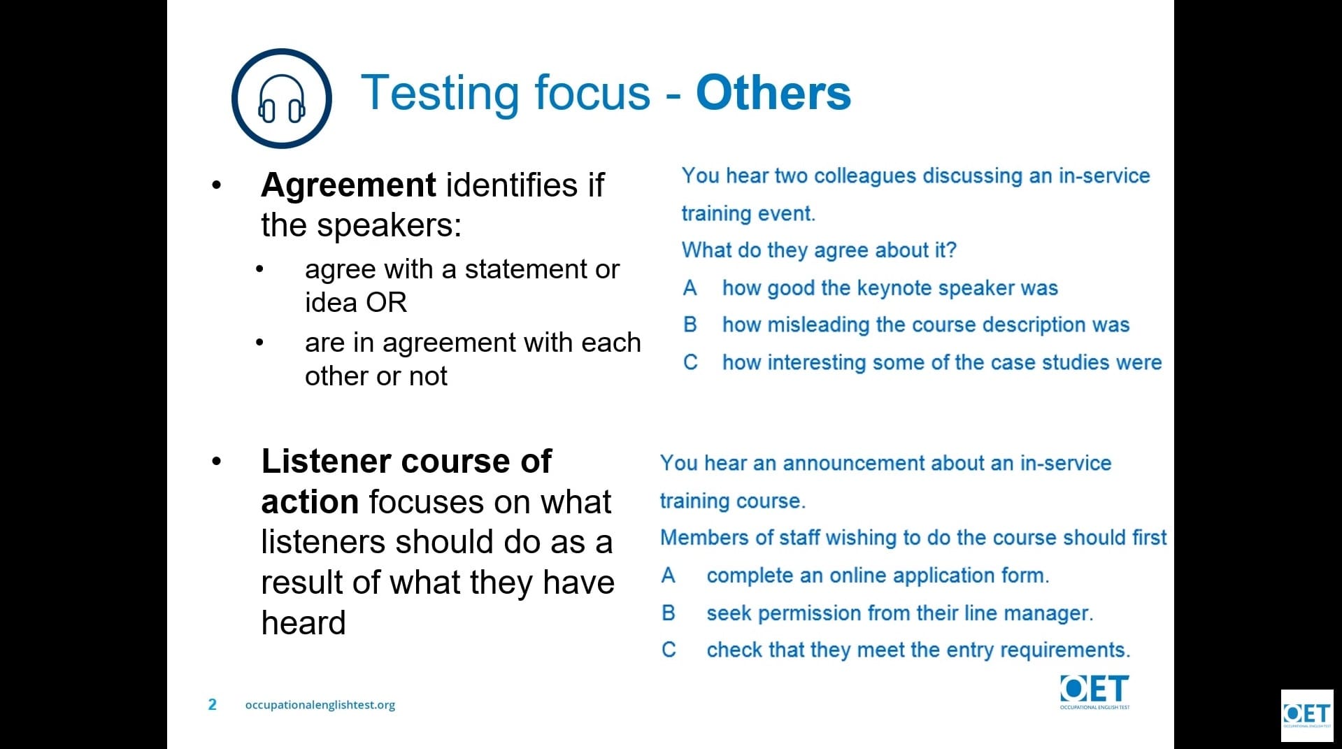 Screenshot of a presentation slide about testing focus and agreement types.