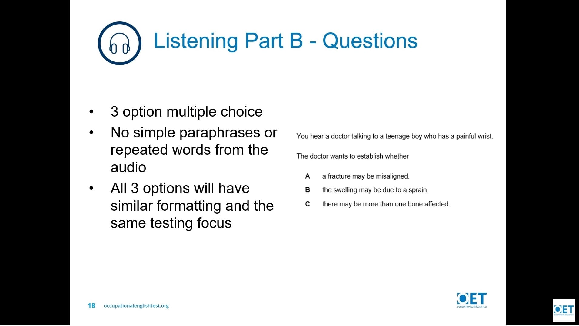 Presentation slide about Listening Part B questions in a test.