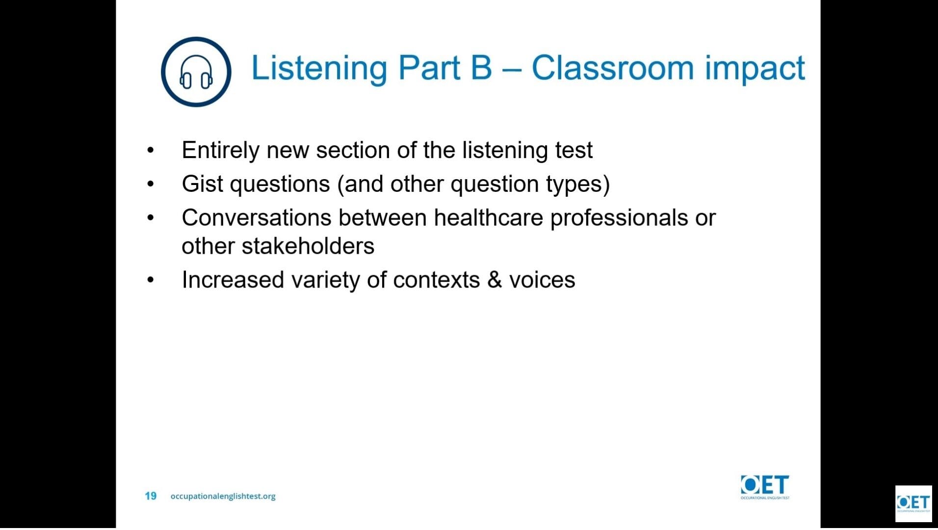 Presentation slide on Listening Part B focusing on classroom interaction.