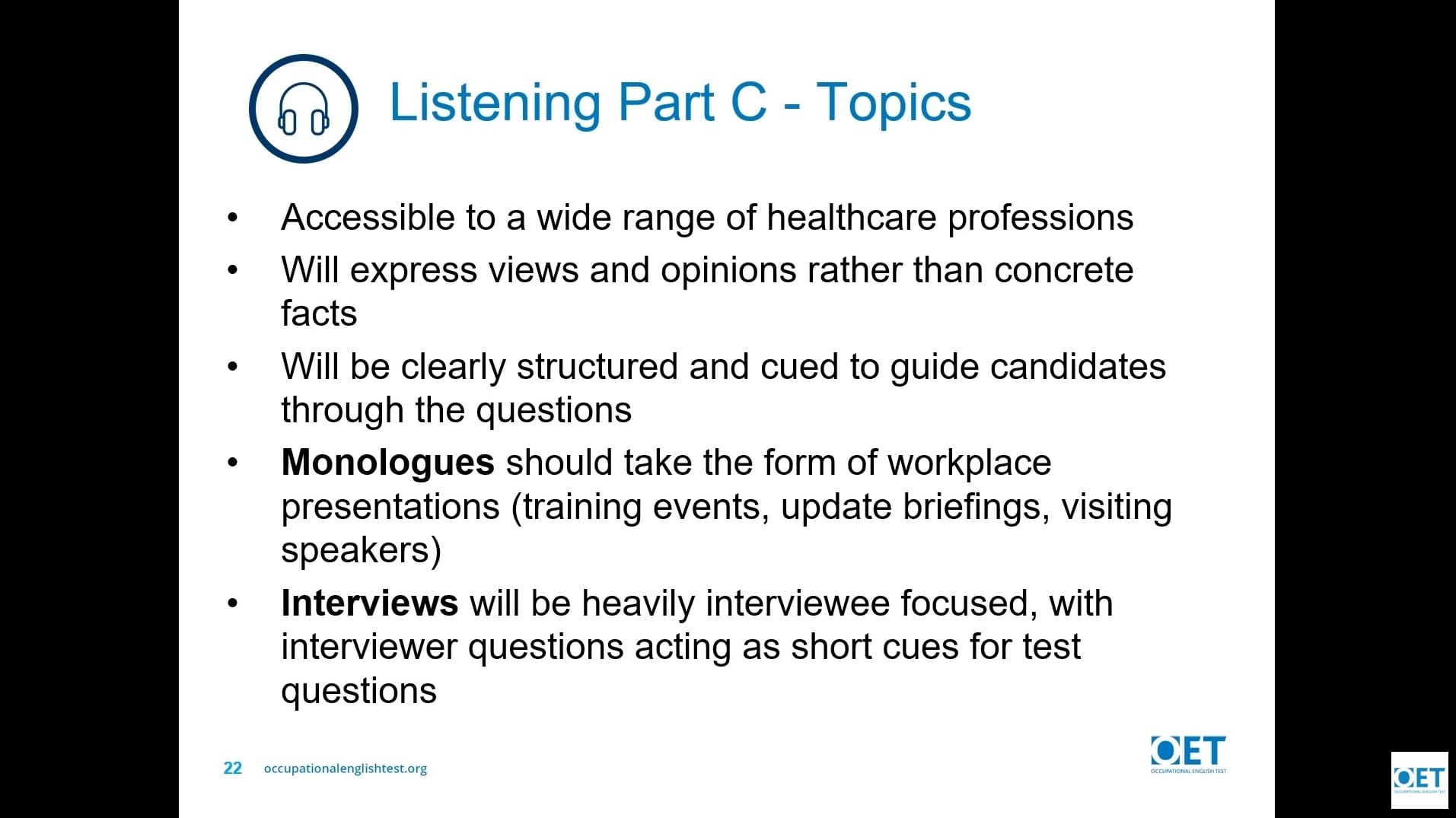 Text slide outlining interview topics for healthcare professionals.